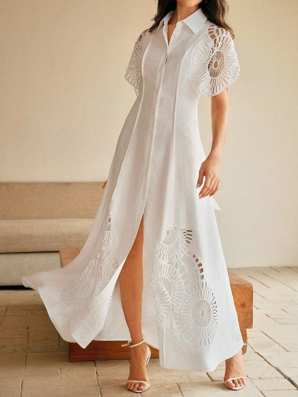 White Elegant Women's Puff Sleeve Single Breasted Hollow Splice Dress - Picture 3 of 6
